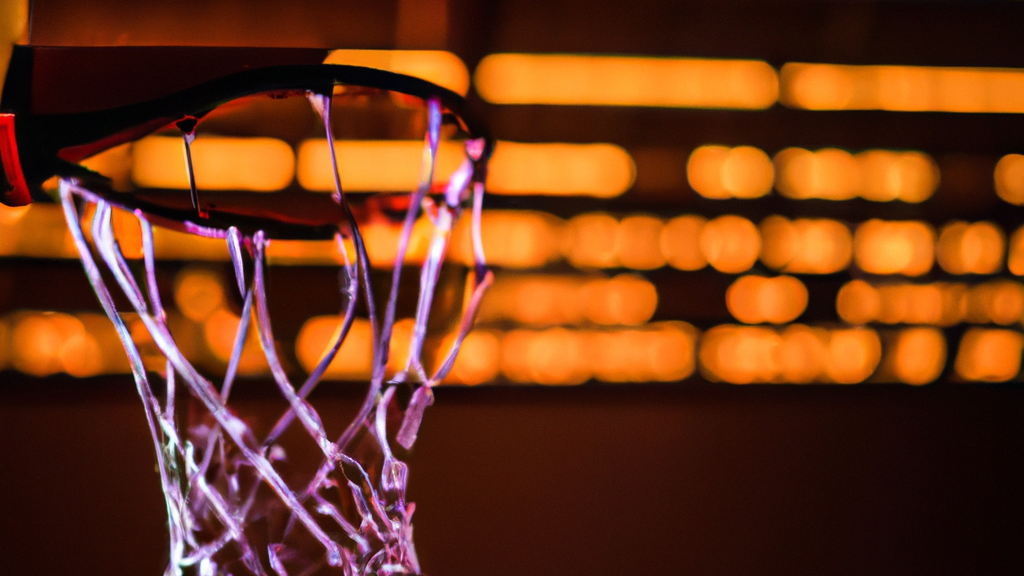 Ein Basketballnetz mit Ring im Seitenprofil. Im Hintergrund schimmert verschwommen warmes Licht in schmalen Schlitzen.